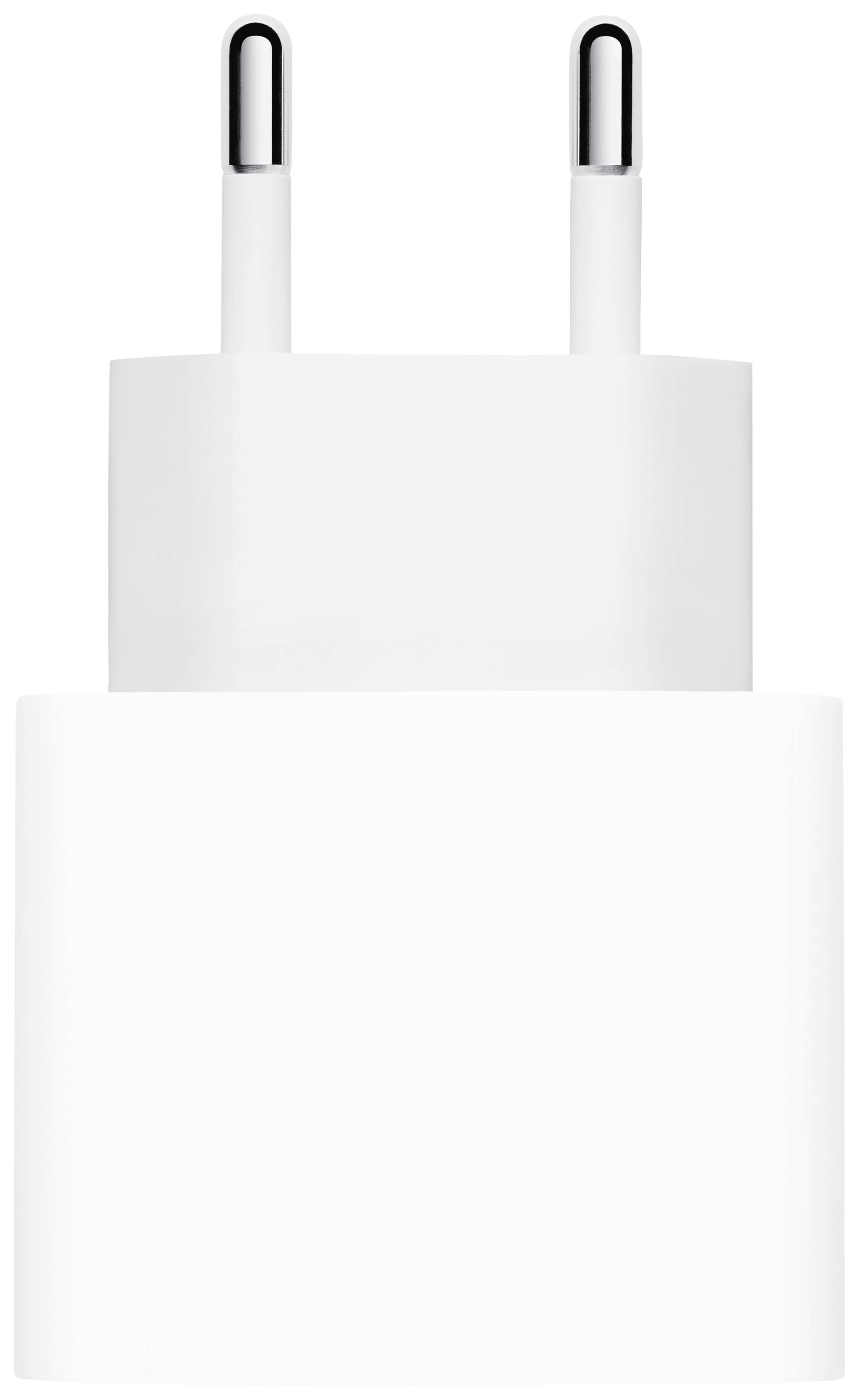 Caricabatterie bianco con due pin, compatibile con le prese elettriche europee.