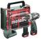 Kit trapano avvitatore a batteria con caricabatterie, due batterie e accessori in una valigetta verde. Marchio 'Metabo' riconoscibile. Adatto per hobbisti.