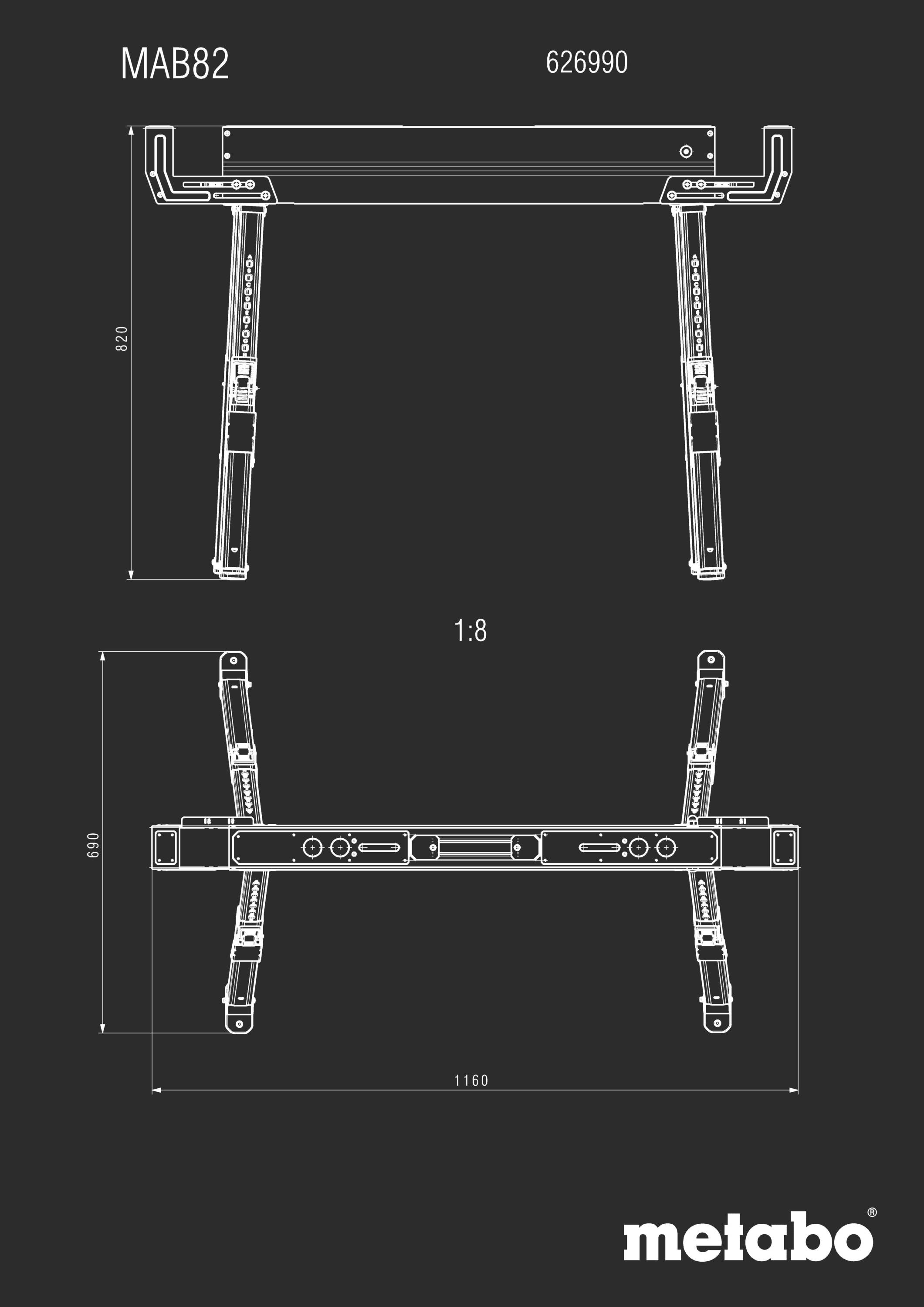 Disegno tecnico di un telaio rettangolare in metallo con quote. In alto la denominazione 'MAB82', a destra '626990'. Logo 'Metabo' in basso a destra.