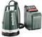 Una pompa sommersa verde Metabo, modello TPF 18 LTX 7000, accanto a un'unità di controllo separata con interruttore rosso e connessione per cavo.