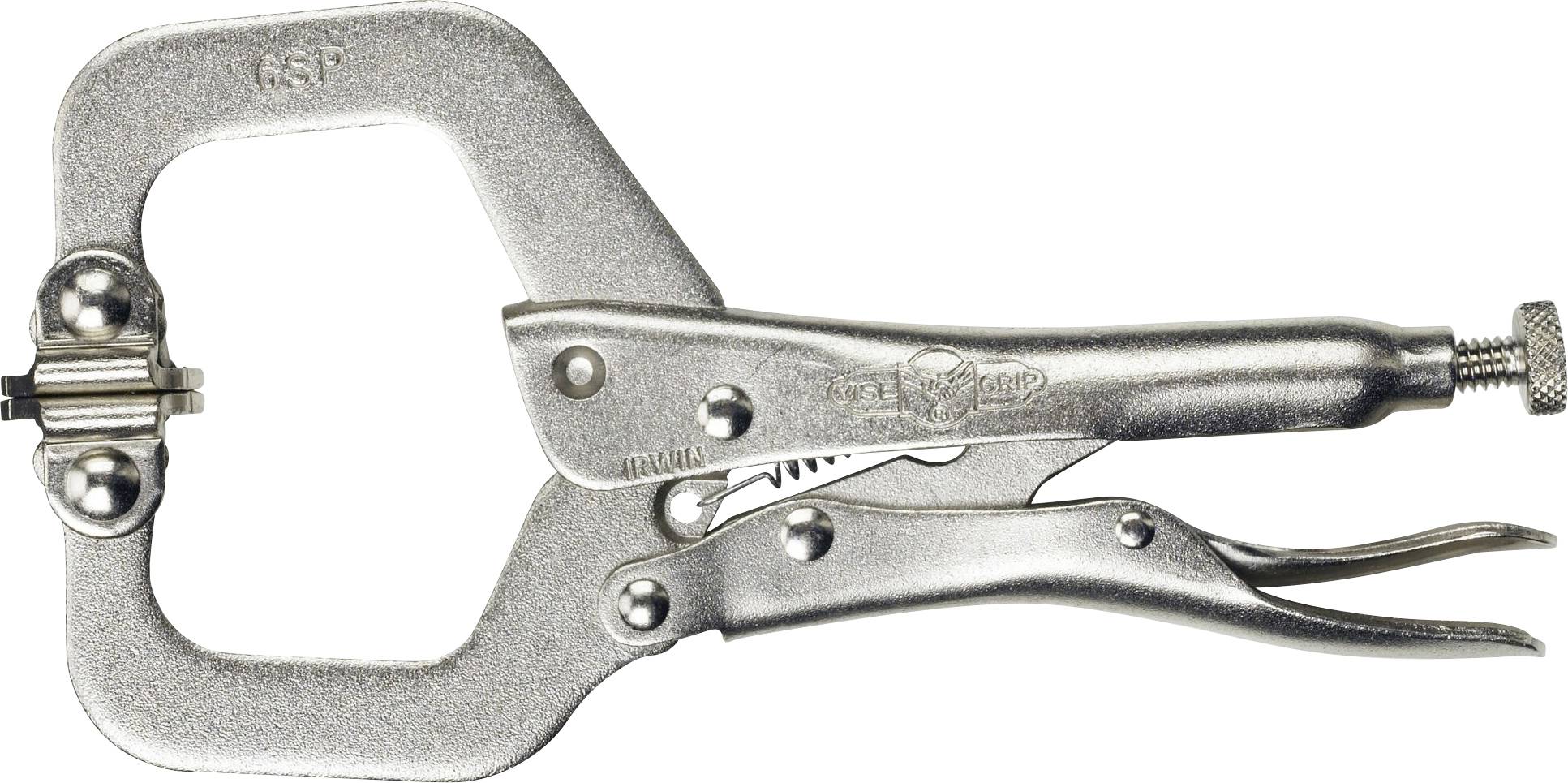 Morsetto a vite metallico con telaio a forma di C e vite regolabile, utilizzato per fissare oggetti durante lavori artigianali.