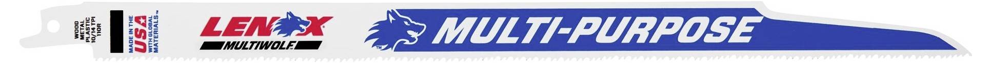 Lama di sega con la scritta 'LENOX American Saw MULTI-PURPOSE'. È adatto per un uso versatile e mostra un logo con un cane.