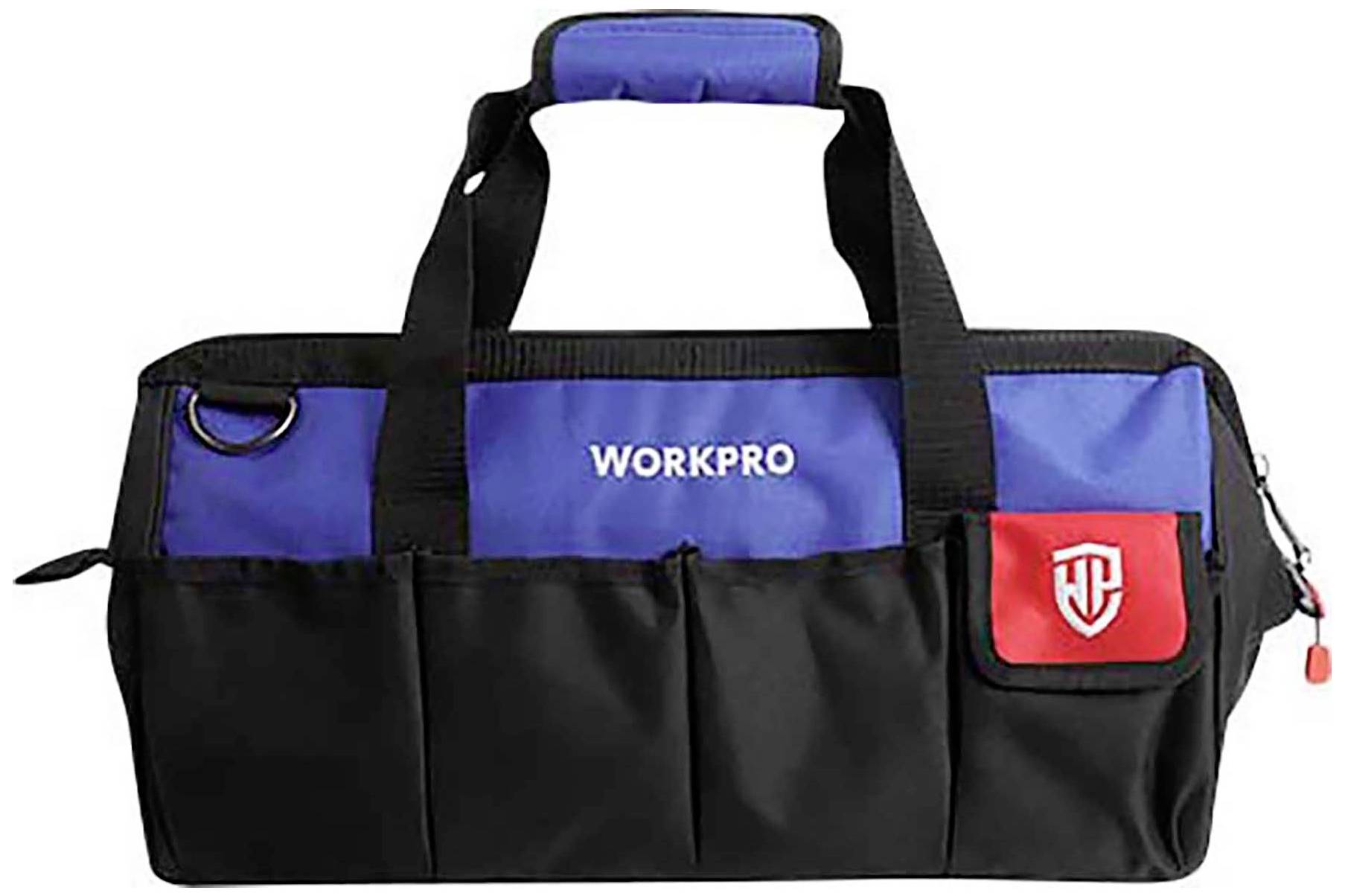 Una borsa degli attrezzi blu e nera con il logo 'WORKPRO' sul davanti e diversi tasche esterne per la conservazione degli strumenti.