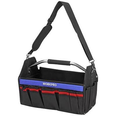 Borsa porta attrezzi nera con accenti blu e rossi, dotata di più tasche e tracolla.