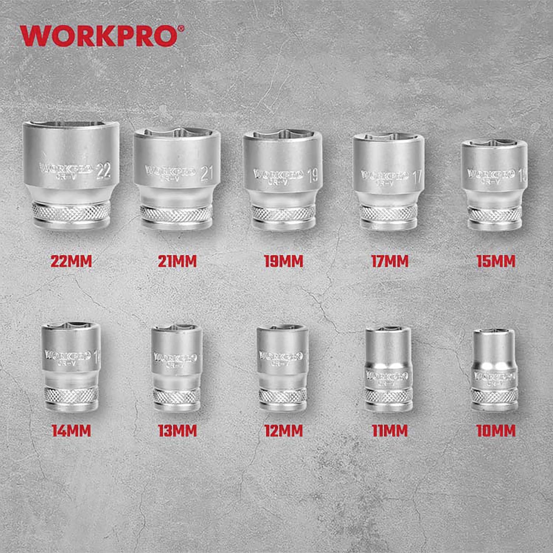 Set di utensili 'WORKPRO' con attacchi in taglie da 22 mm a 10 mm, presentato su sfondo grigio.
