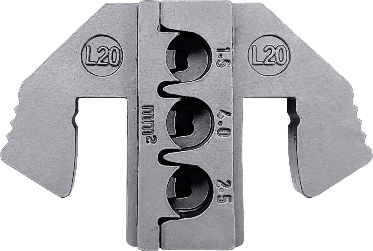 Utensile metallico per installazioni, contrassegnato con 'L20', presenta tacche per cavi di diversa sezione: 1,5, 2,5, 4,0 mm².
