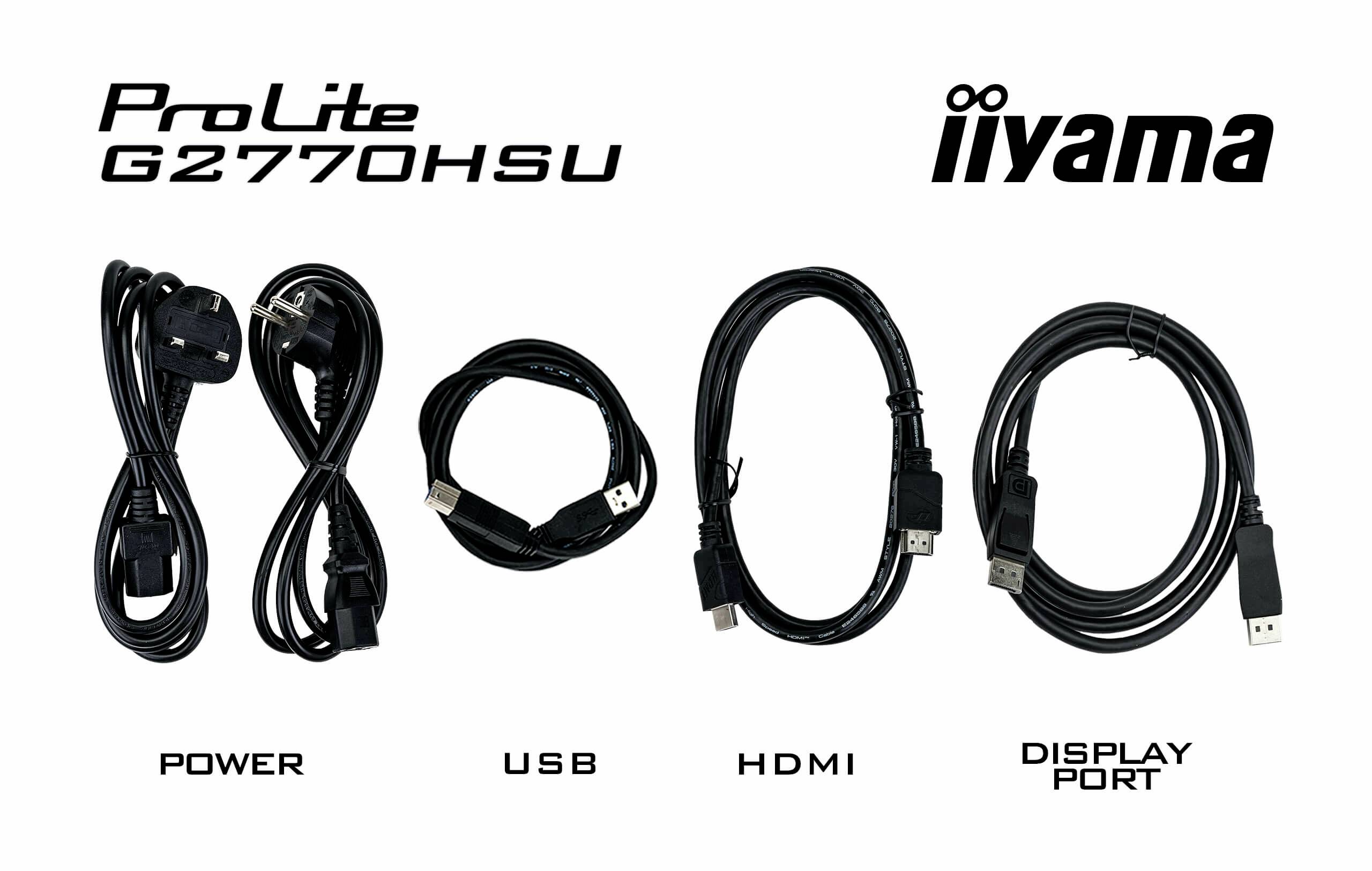 'ProLite G2770HSU iiyama' Porte del monitor: Cavo di alimentazione, USB, HDMI, DisplayPort.