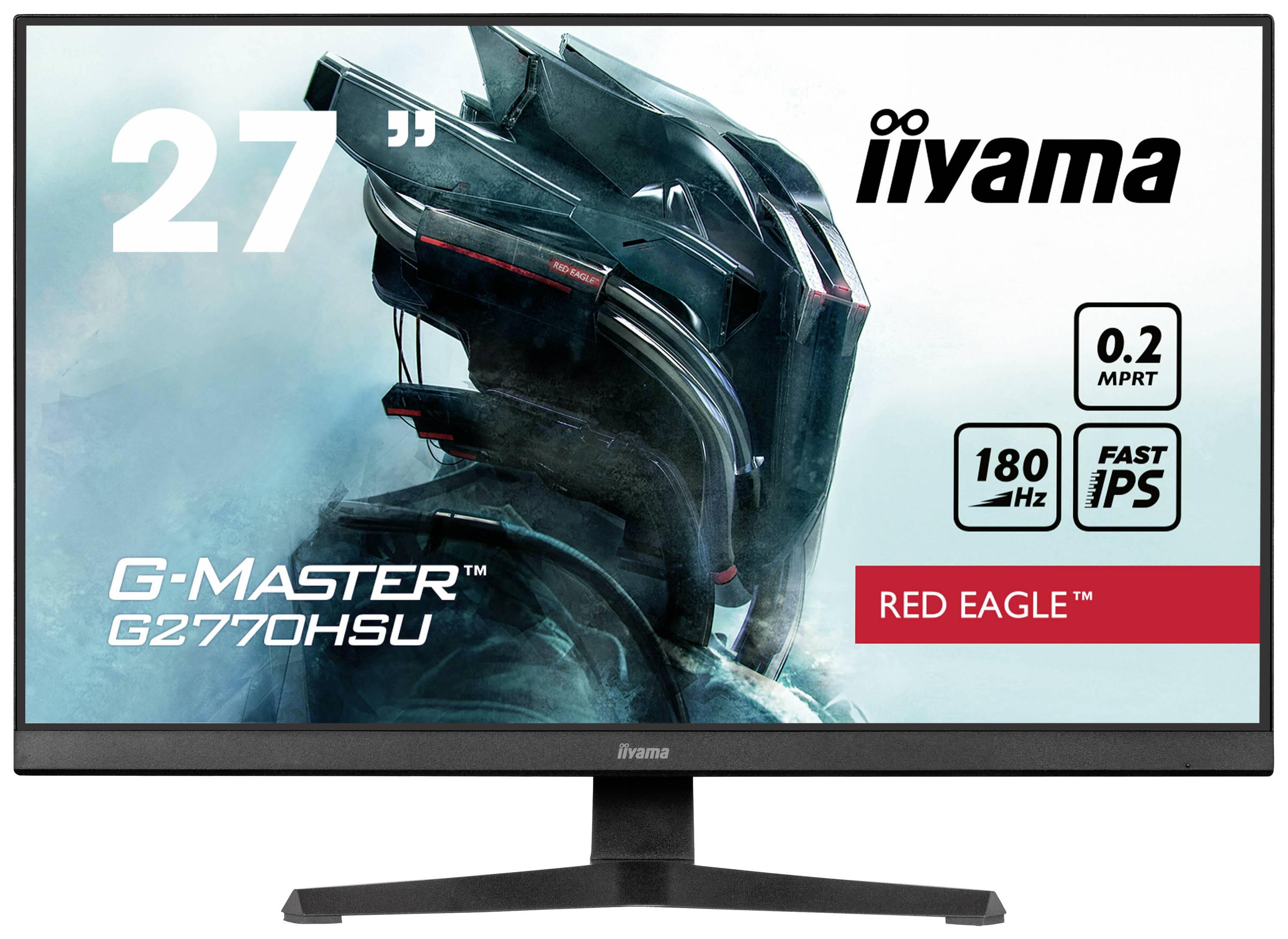 'Monitor iiYama G-Master G2770HSU Red Eagle, 27 pollici, Fast IPS da 180 Hz, 0,2 ms MPRT.' Monitor da gaming moderno, rappresentato con grafica futuristica sul display.