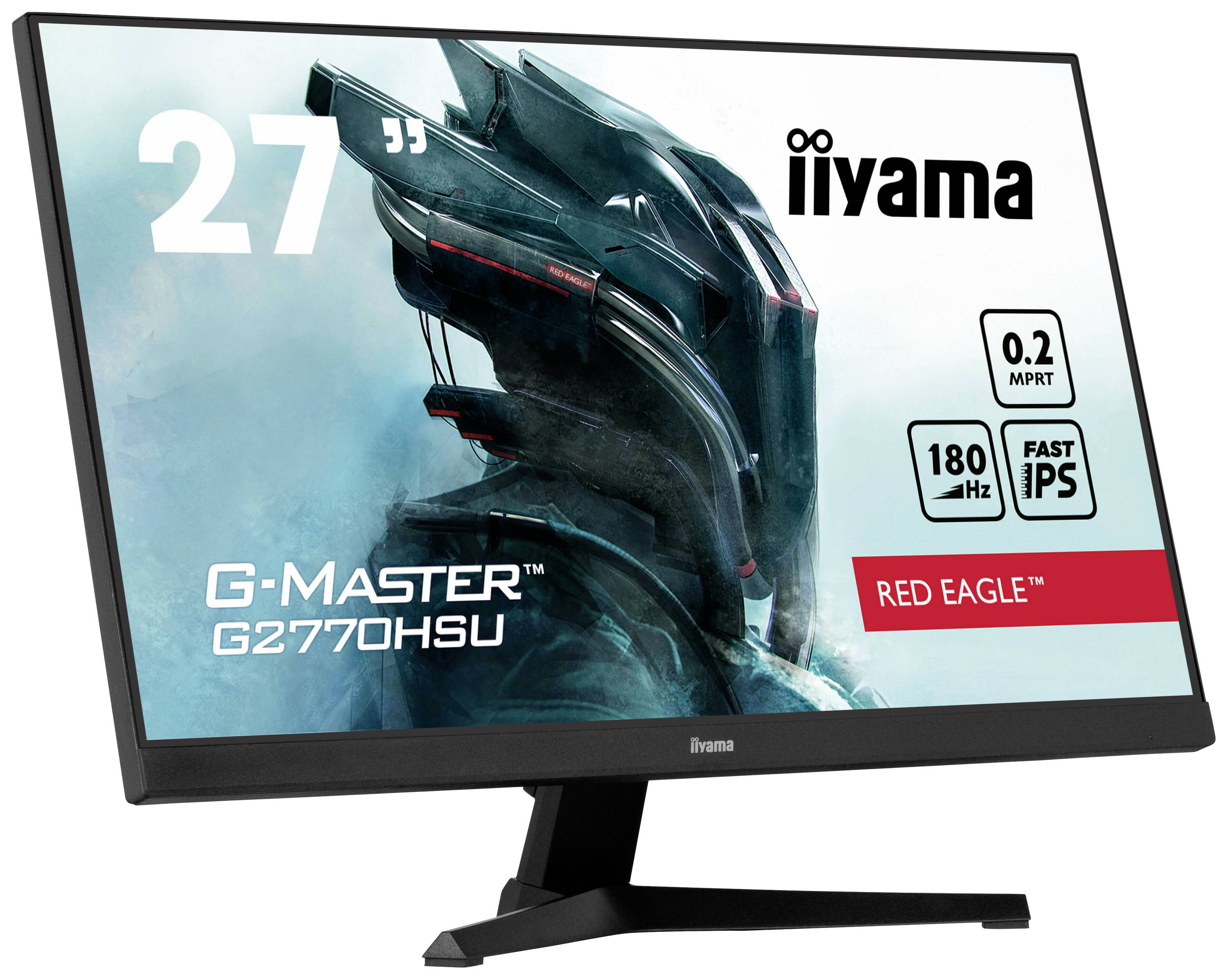 Un monitor per computer mostra un'immagine futuristica di un robot con le specifiche 'G-Master G2770HSU, 27 pollici, 0,2 ms MPRT, 180 Hz, Fast IPS, Red Eagle', di iiyama.