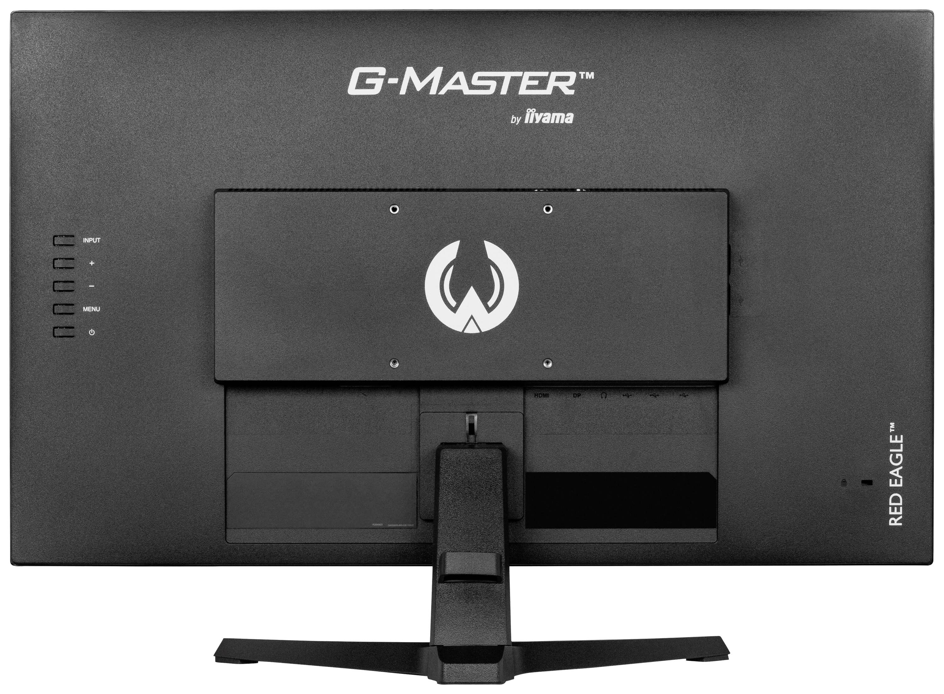 Schermo nero per computer visto da dietro, modello 'G-MASTER RED EAGLE' di iiyama, con base centrale e connessioni dei cavi sul lato sinistro.