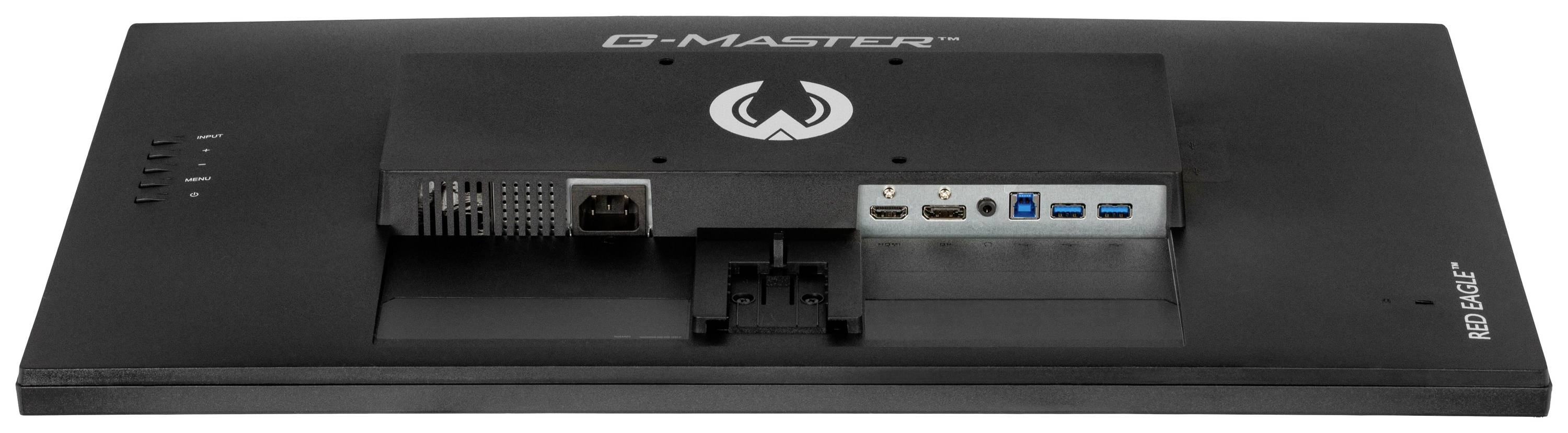 Vista posteriore di un monitor con diverse porte di connessione, tra cui HDMI, DisplayPort e USB, su un involucro nero.