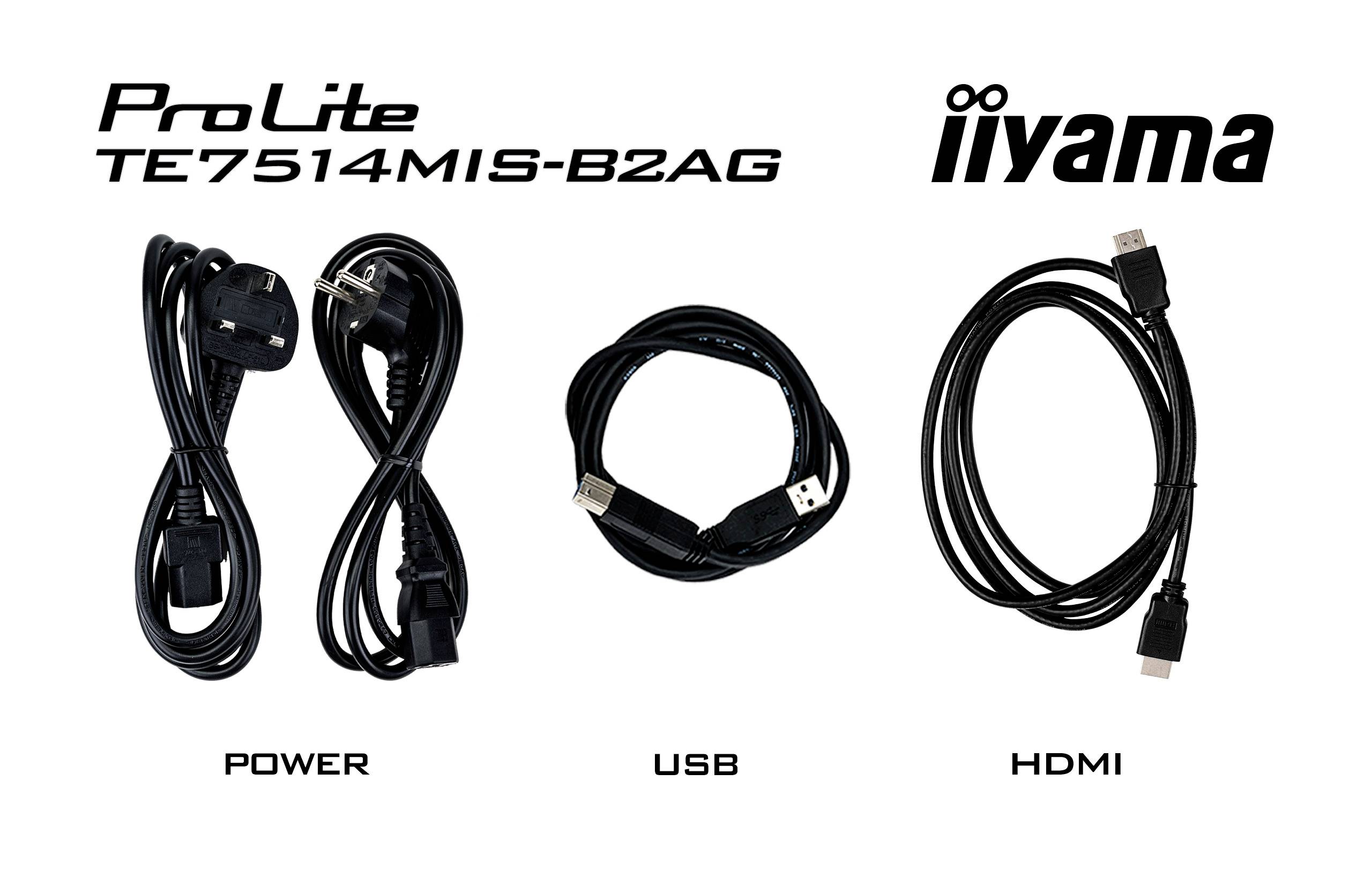 Tre set di cavi: a sinistra un cavo di alimentazione, al centro un cavo USB e a destra un cavo HDMI. In alto c'è scritto 'ProLite TE7514MIS-B2AG' e 'iiyama'.