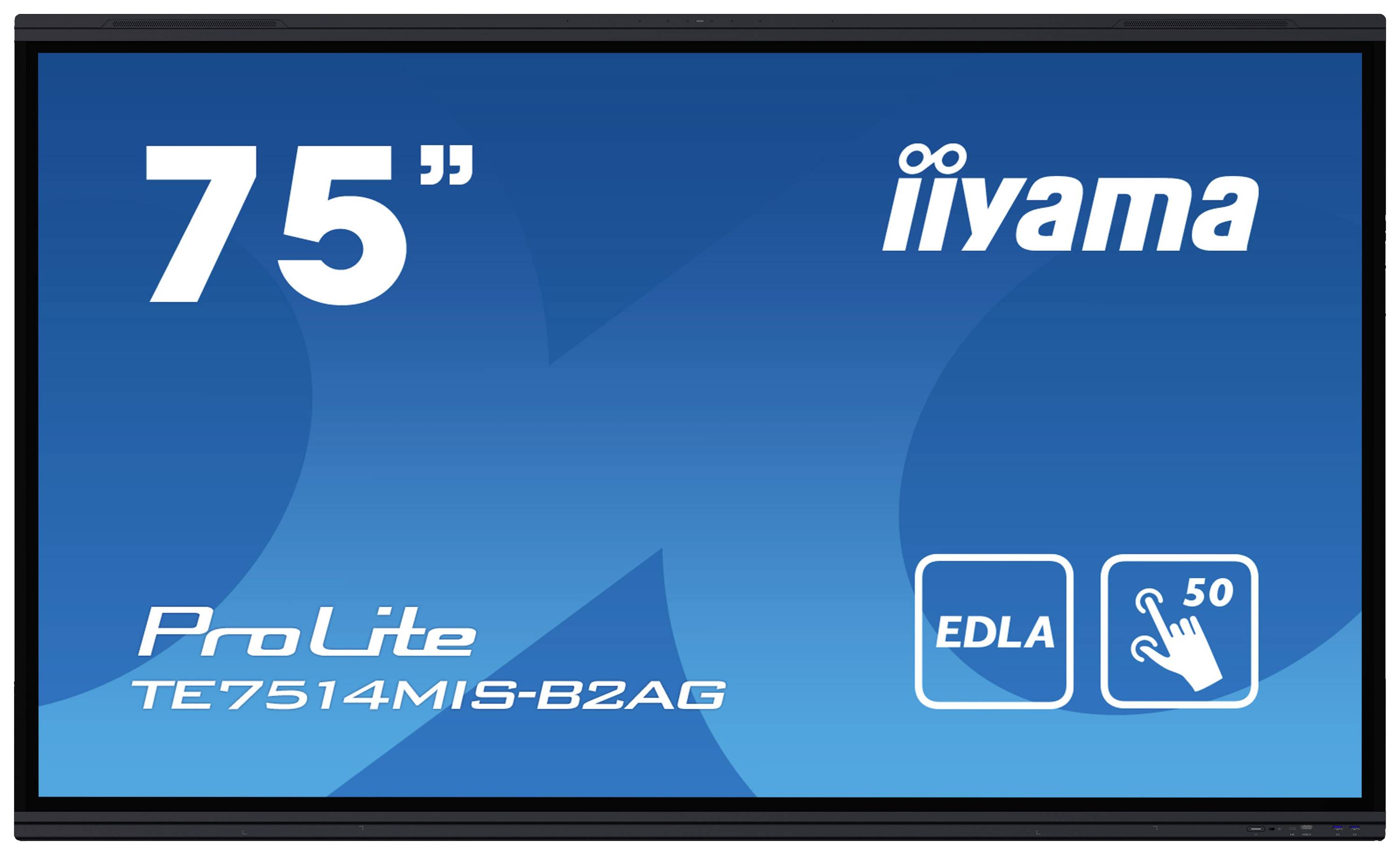 Uno schermo blu mostra la scritta '75"' e 'iiyama ProLite TE7514MIS-B2AG', insieme a simboli per EDLA e funzione touchscreen.