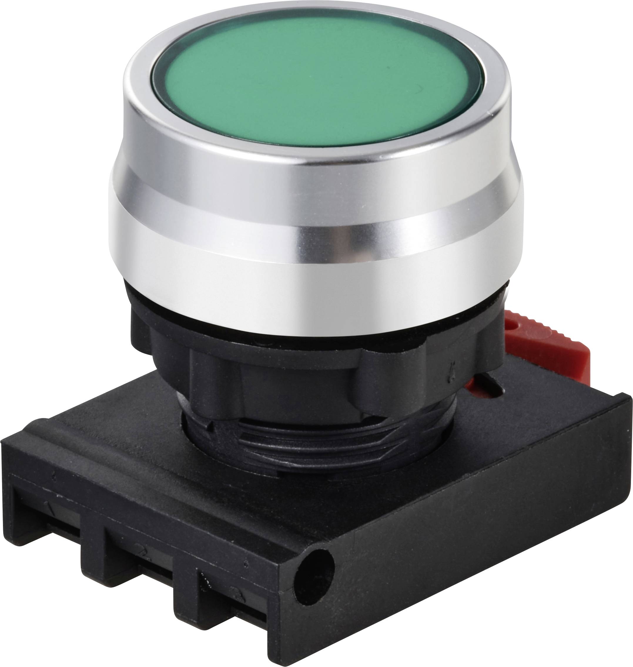 Pulsante verde in un involucro nero, comunemente utilizzato per il controllo delle macchine, posizionato su uno sfondo bianco.