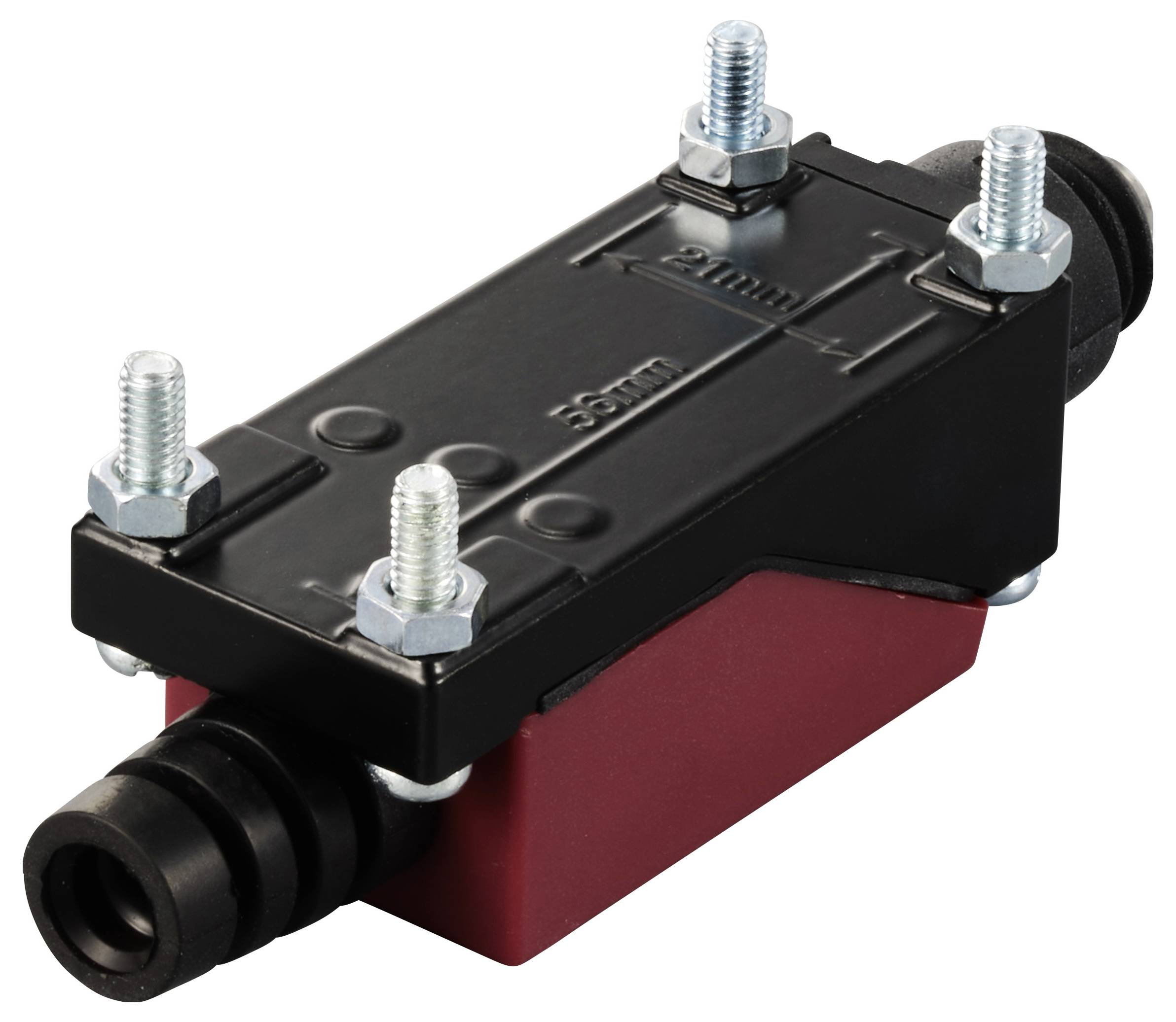 Un adattatore meccanico nero e rosso con fissaggi a vite e connessioni, presumibilmente per applicazioni industriali.