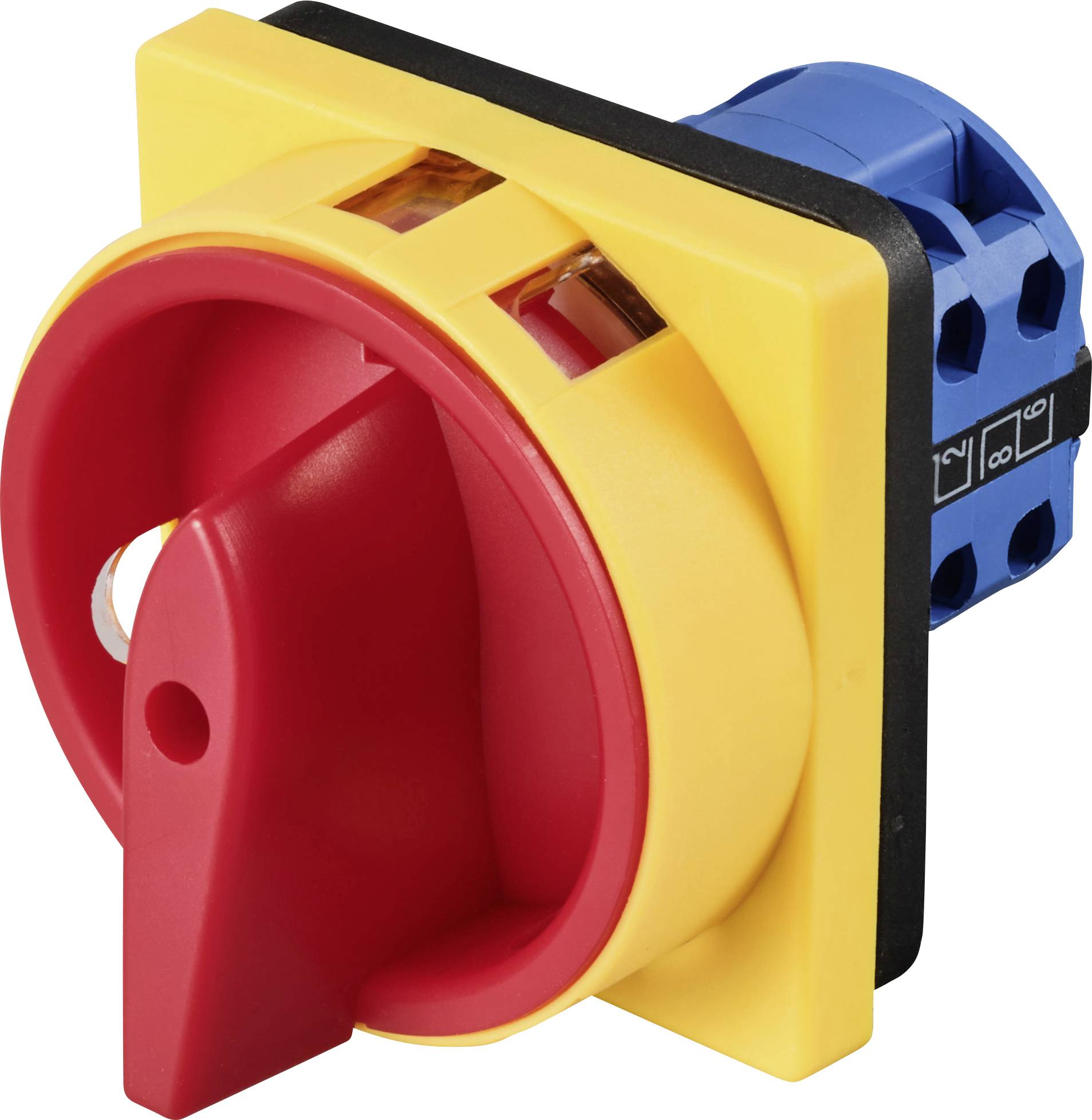 Un pulsante di emergenza rosso in un supporto giallo, integrato lateralmente in un involucro blu, serve per l'arresto di sicurezza.