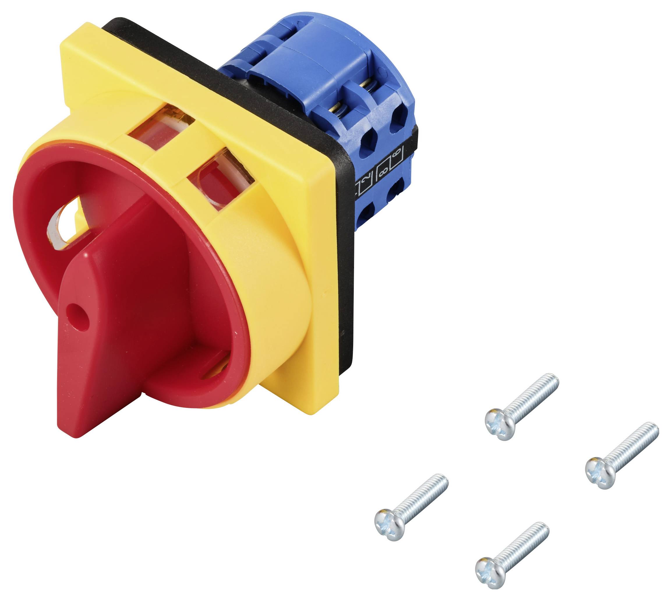 Un interruttore rosso con supporto giallo e blu, accompagnato da quattro viti argentate. Adatto per installazioni elettriche.