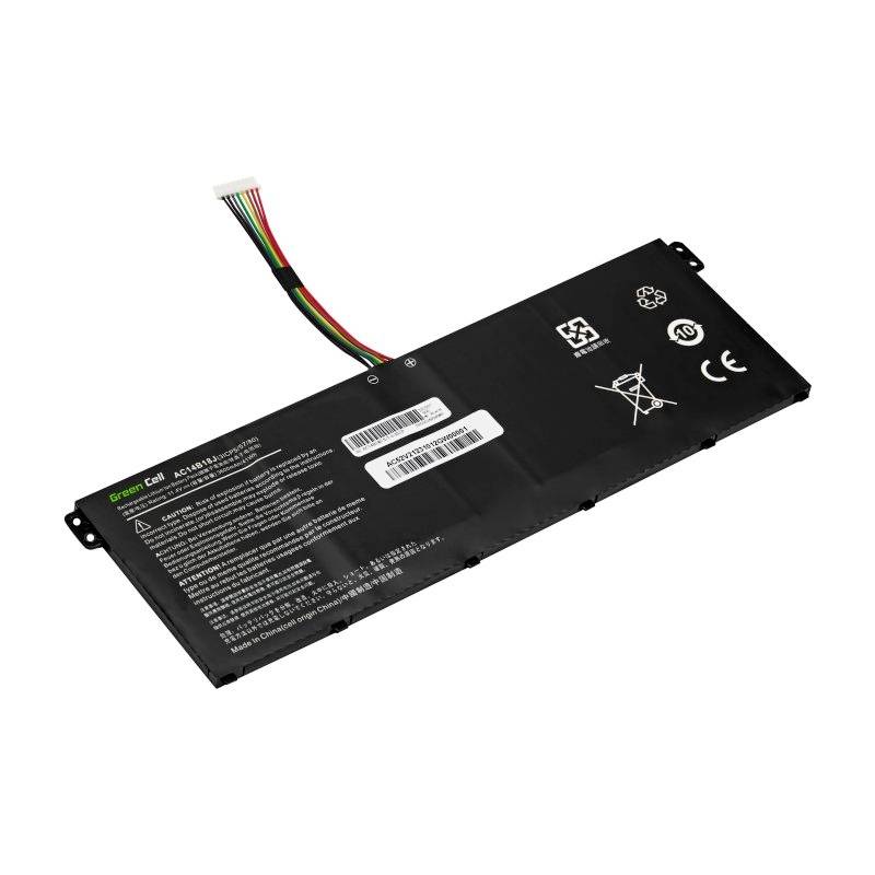 Una batteria agli ioni di litio rettangolare con più fili e simboli di sicurezza e riciclaggio. Adatta per dispositivi elettronici.