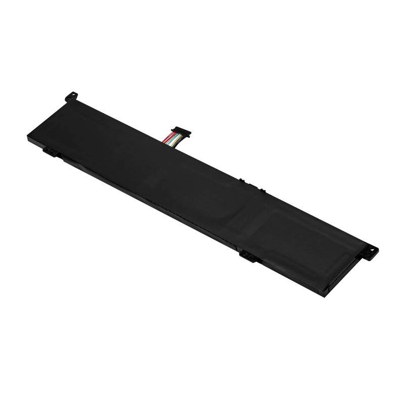 Un battery nero per laptop con connessioni via cavo, forma rettangolare, piatto e allungato.