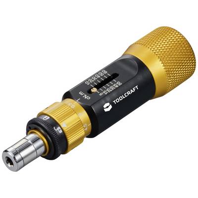 Un chiave dinamometrica giallo-nera di TOOLCRAFT mostra la scala di misurazione e il pulsante di regolazione per impostazioni precise.