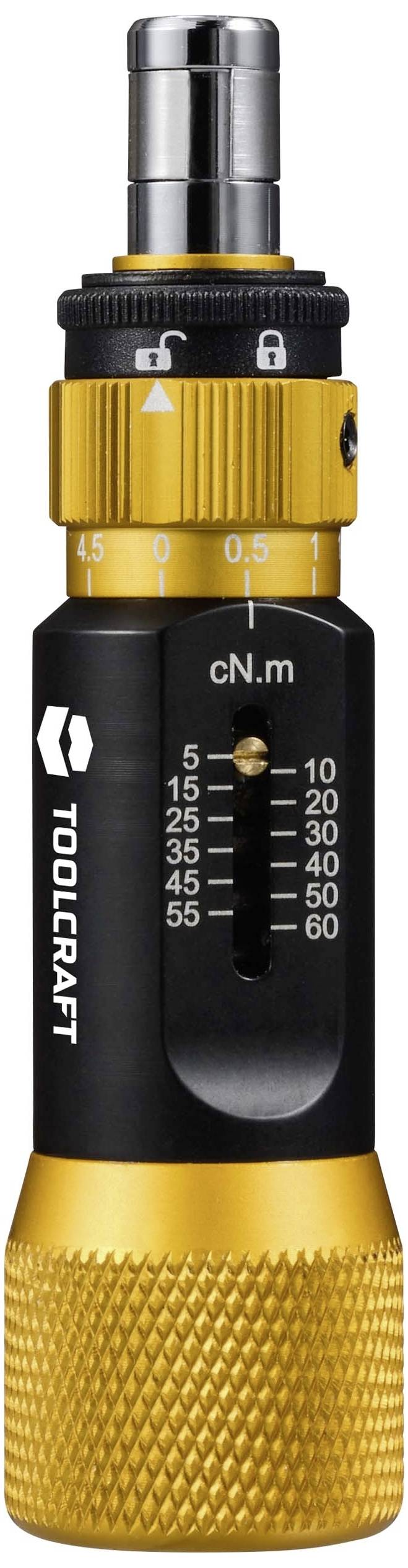 Cacciavite dinamometrico Toolcraft in nero e oro, scala da 5 a 60 cN·m, regolabile ruotando la parte superiore.