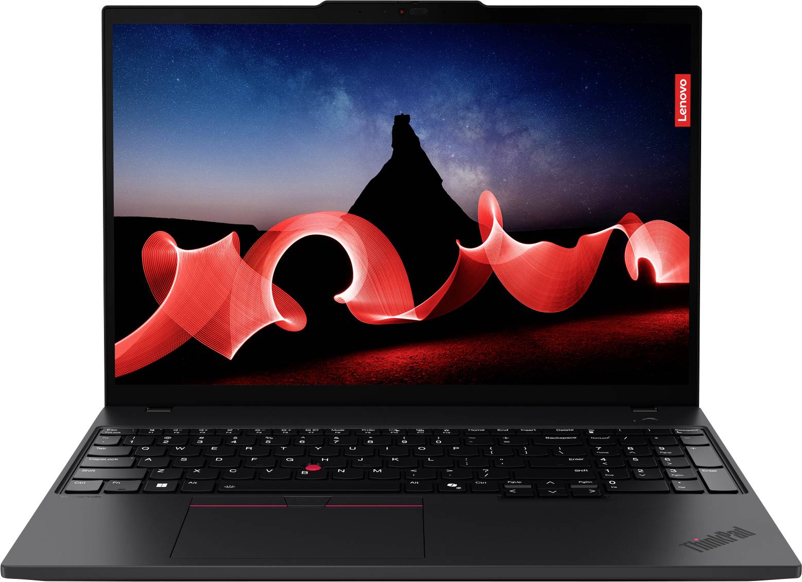 Un laptop con una scocca nera, davanti a uno sfondo con una montagna e nastri luminosi in rosso durante la notte.