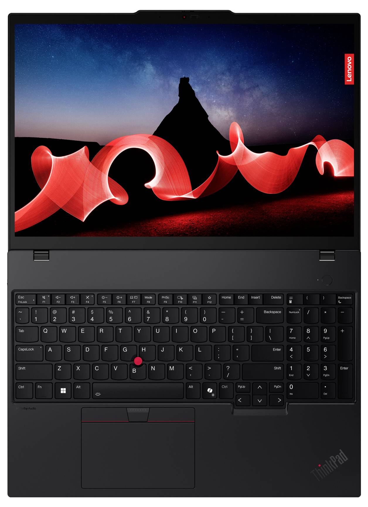 Un laptop con involucro nero mostra un display con un'immagine luminosa rosso-nera sullo sfondo di un cielo stellato.