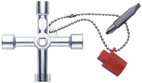 Chiave quadrata in argento con un design a croce, fissata a una catena con un adattatore per cacciavite rosso e grigio.