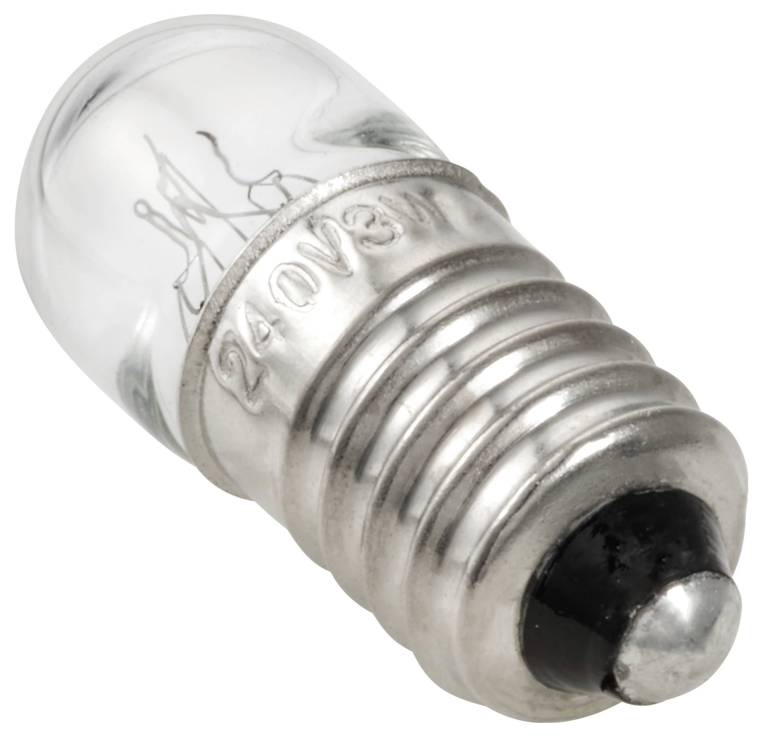 Una lampadina trasparente con attacco metallico, adatta per 24 volt e 3 watt, comunemente utilizzata in torce elettriche o dispositivi simili.