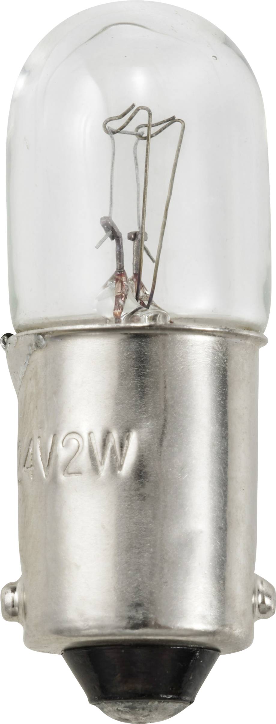 Lampadina con vetro trasparente e attacco metallico, mostra i fili interni e la marcatura '4V2W' sull'attacco.