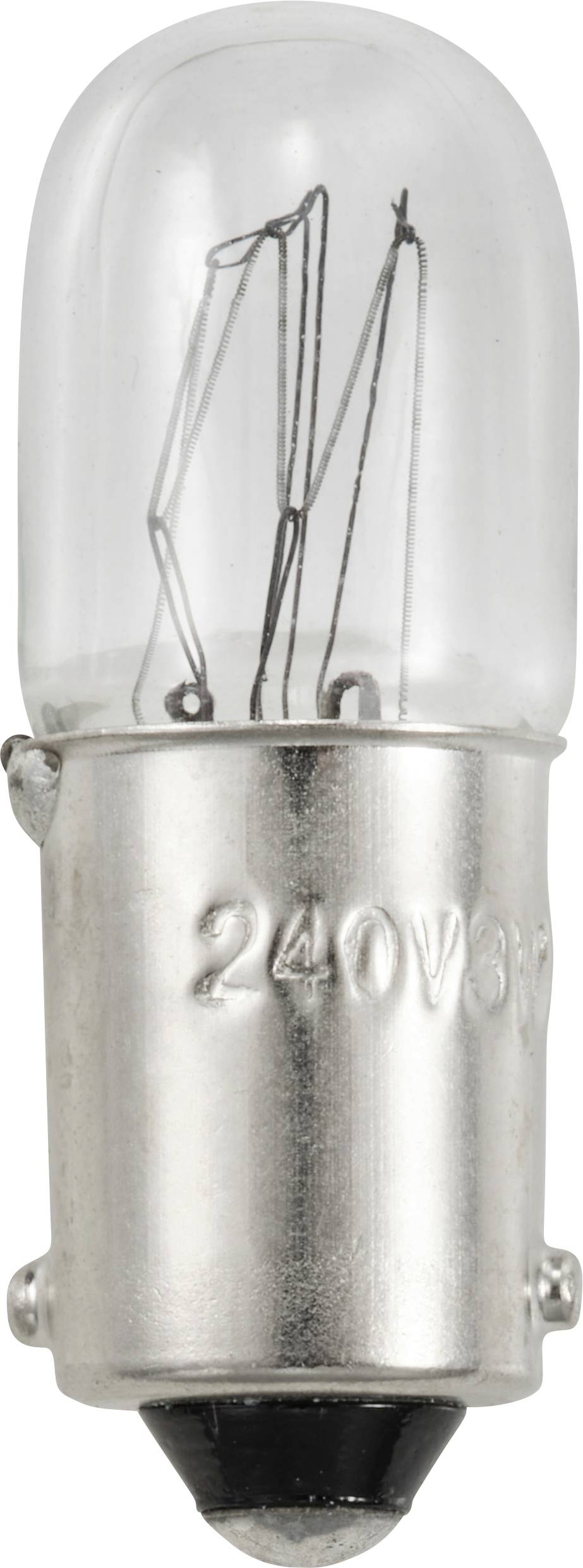 Una lampadina con attacco metallico e copertura in vetro. Sull'attacco è riportato '240V3W'.