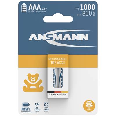 Confezione di batterie ricaricabili AAA, 1,2V, 1000mAh, per giocattoli. Contrassegnate con 'Garanzia di 2 anni' e un'icona di un orso.