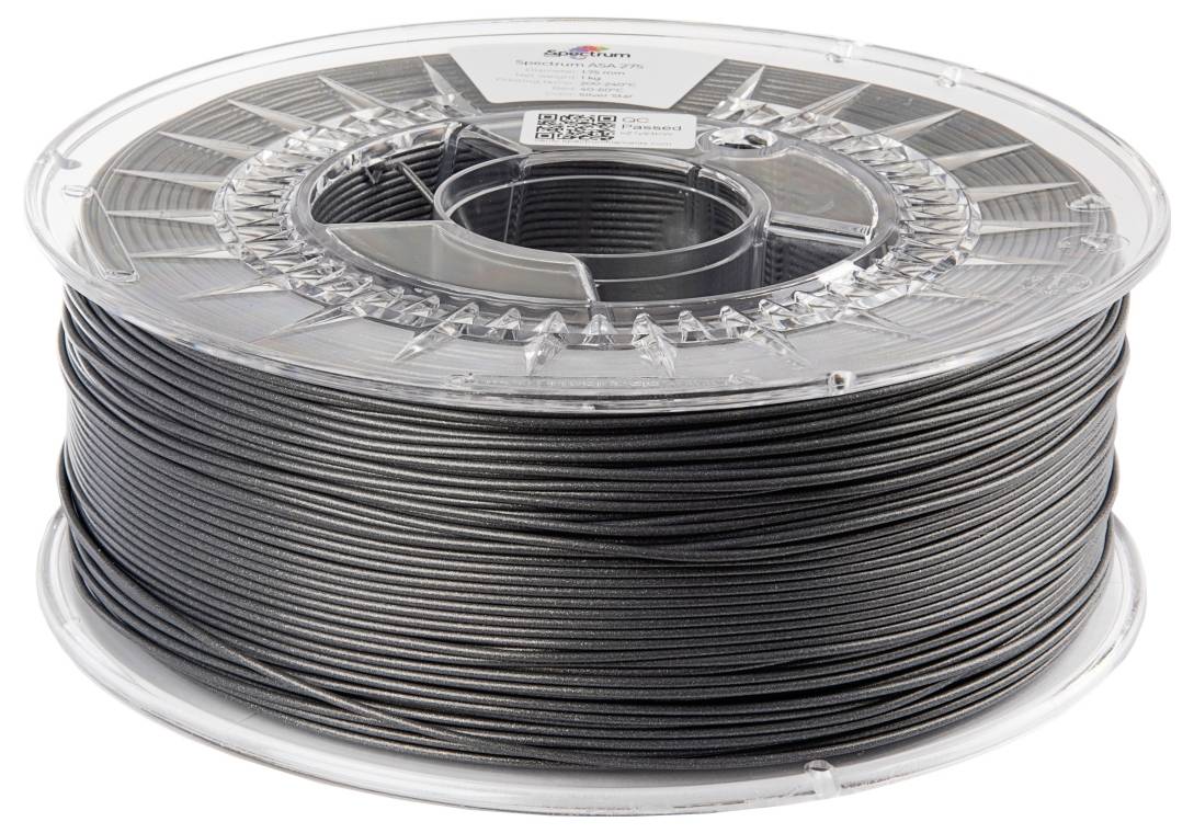 Una bobina di filamento nero per stampante 3D, avvolto su un supporto trasparente in plastica.