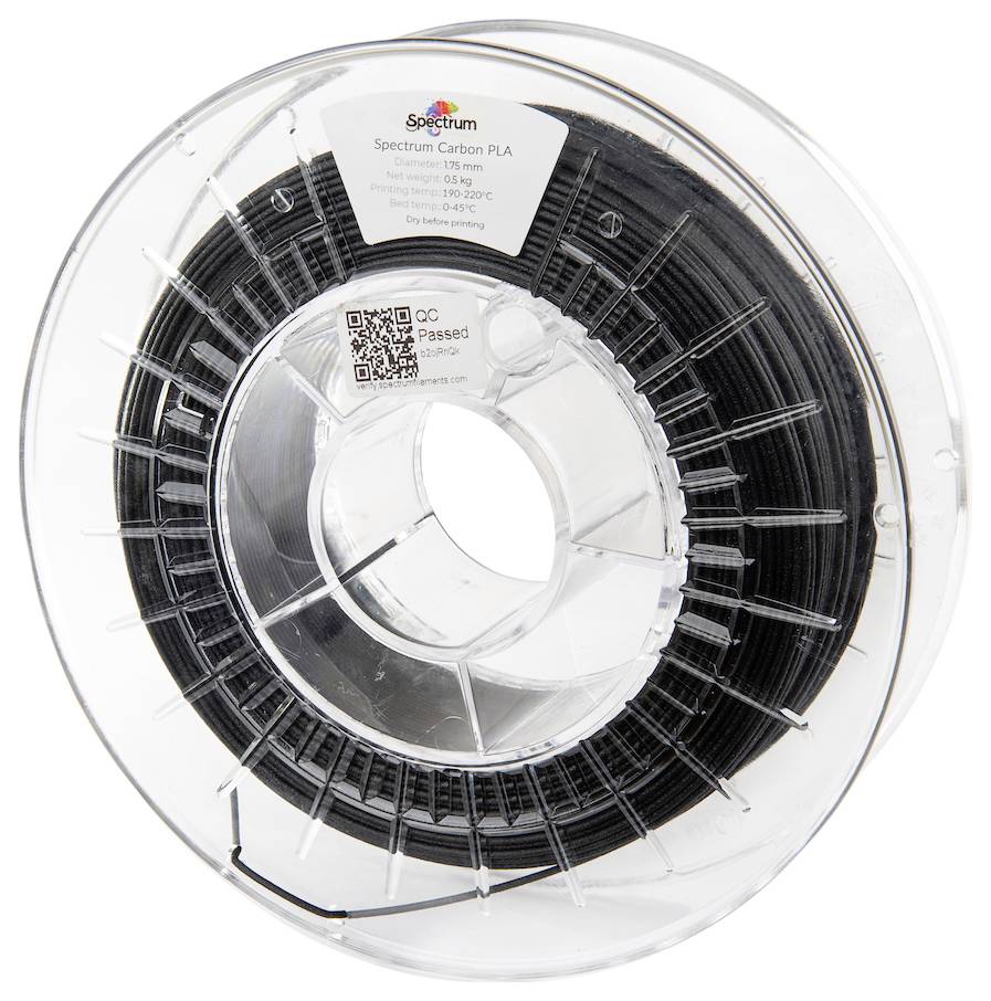 Materiale per stampa 3D: Plastica PLA nera su bobina. Etichetta con indicazioni di temperatura e codice QR.