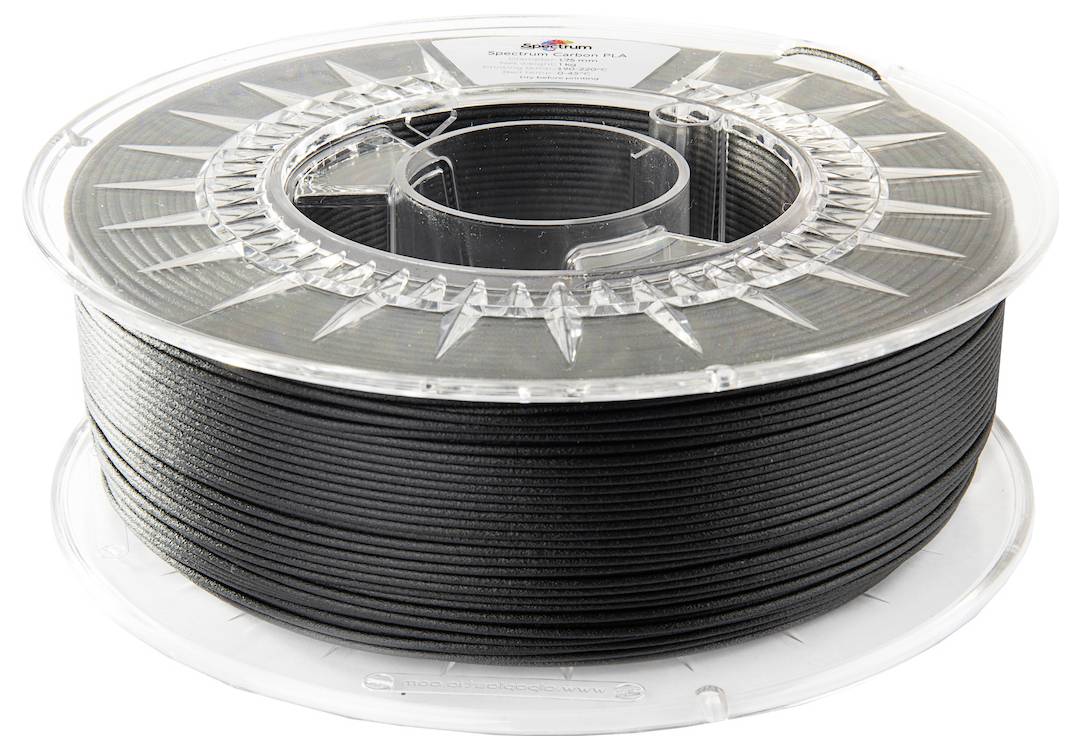Una bobina di filamento nero per stampante 3D in PLA, pronta per essere utilizzata in una stampante per la creazione di oggetti.