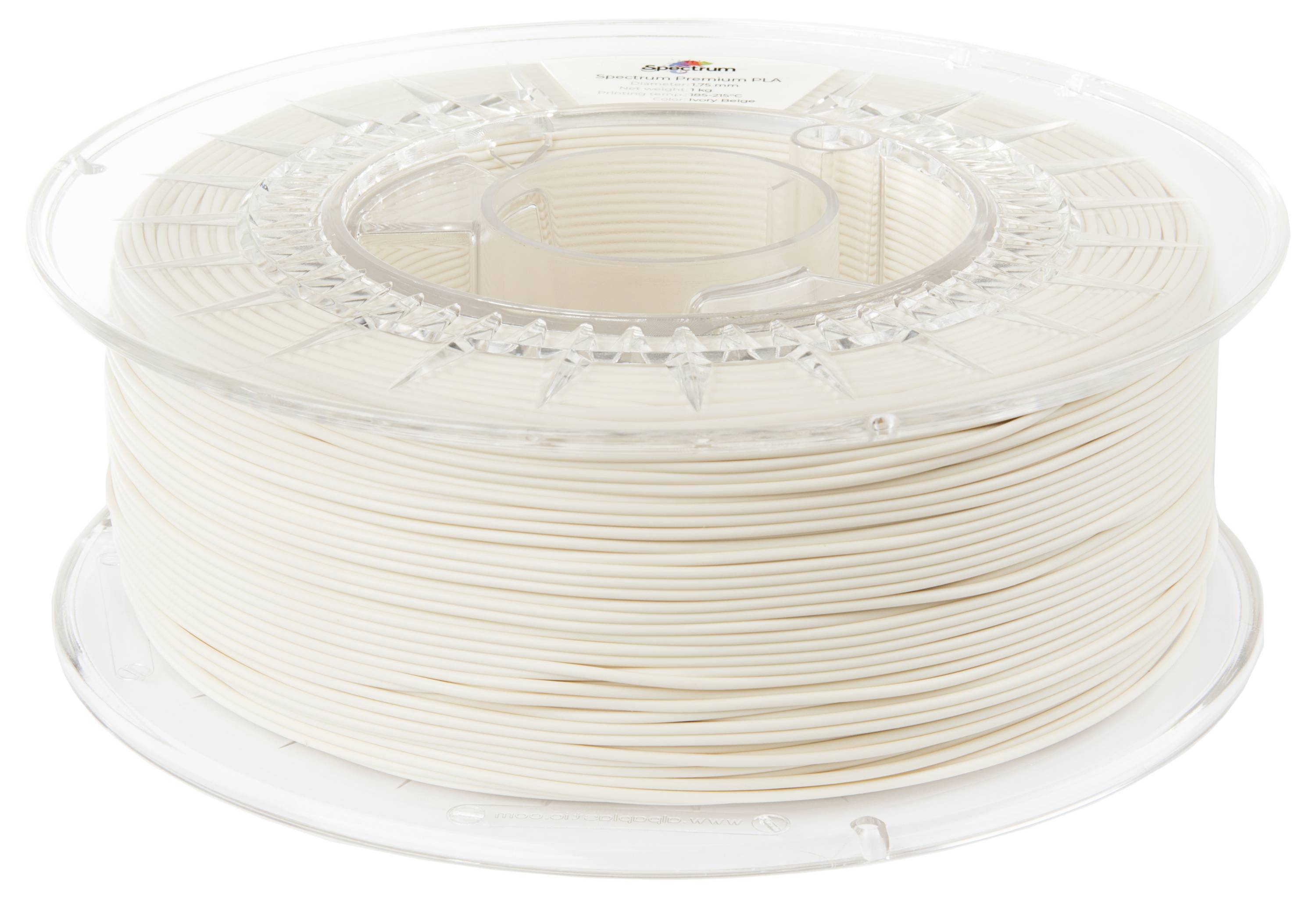 Un rullo bianco di filamento PLA per stampante 3D su un rocchetto trasparente in plastica.