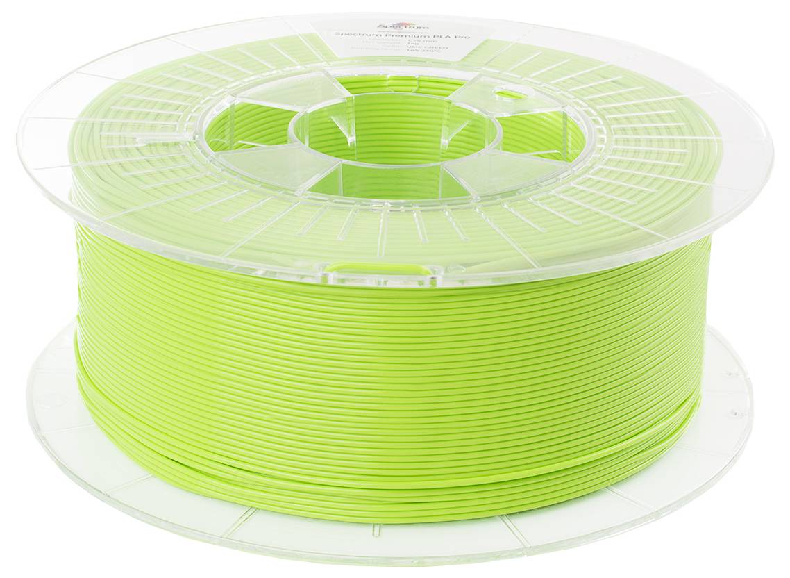 Bobina con filamento per stampante 3D verde chiaro; custodia in plastica trasparente; filamento avvolto uniformemente; adatto per stampa 3D.