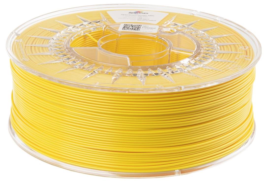 Bobina di filamento per stampante 3D color giallo in confezione di plastica trasparente, pronta per progetti di stampa 3D.