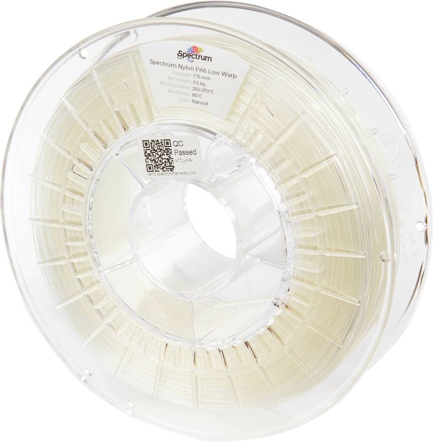 Una bobina di plastica con filamento per stampante 3D, fili di nylon color beige, su una bobina trasparente. Un'etichetta in alto mostra le specifiche.