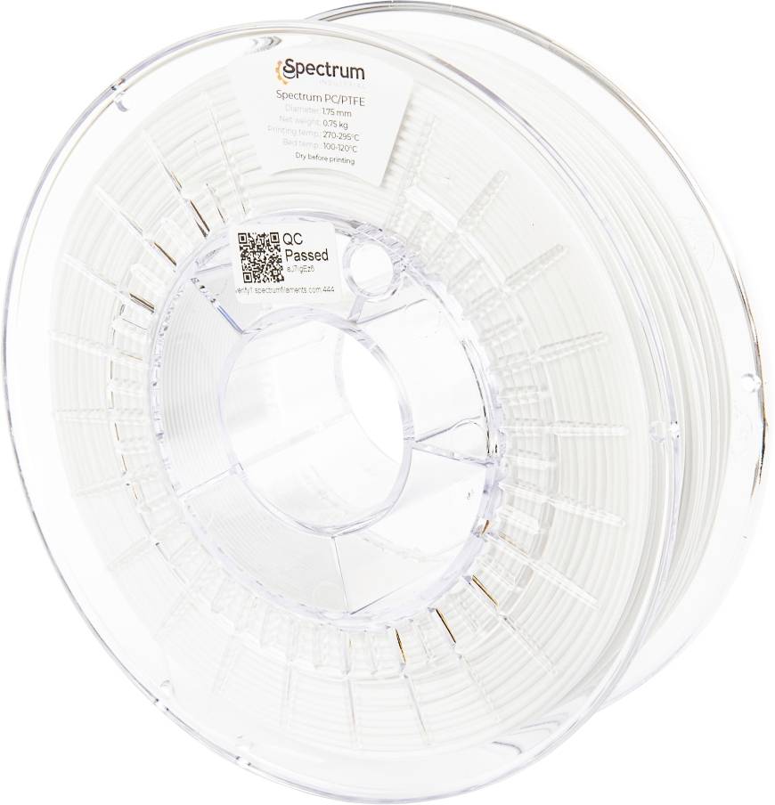 Bobina trasparente con filamento per stampa 3D bianco, spessore di 1,75 mm, adesivo con dettagli tecnici e codice QR, indicazione 'QC Passed'.