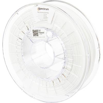 Bobina trasparente con filamento per stampa 3D bianco, spessore di 1,75 mm, adesivo con dettagli tecnici e codice QR, indicazione 'QC Passed'.