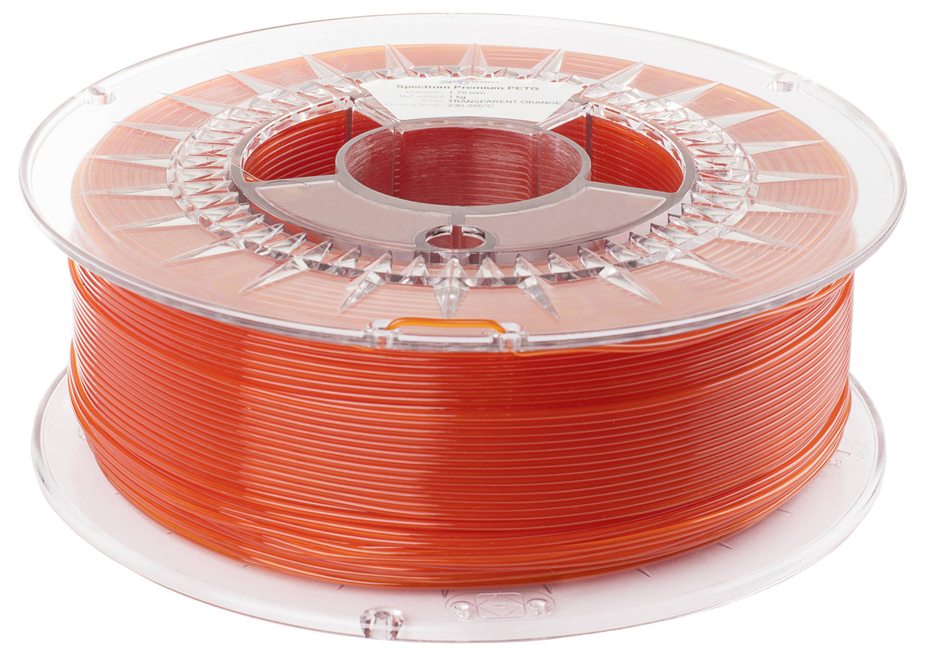 Una bobina trasparente con filamento per stampante 3D color arancione.