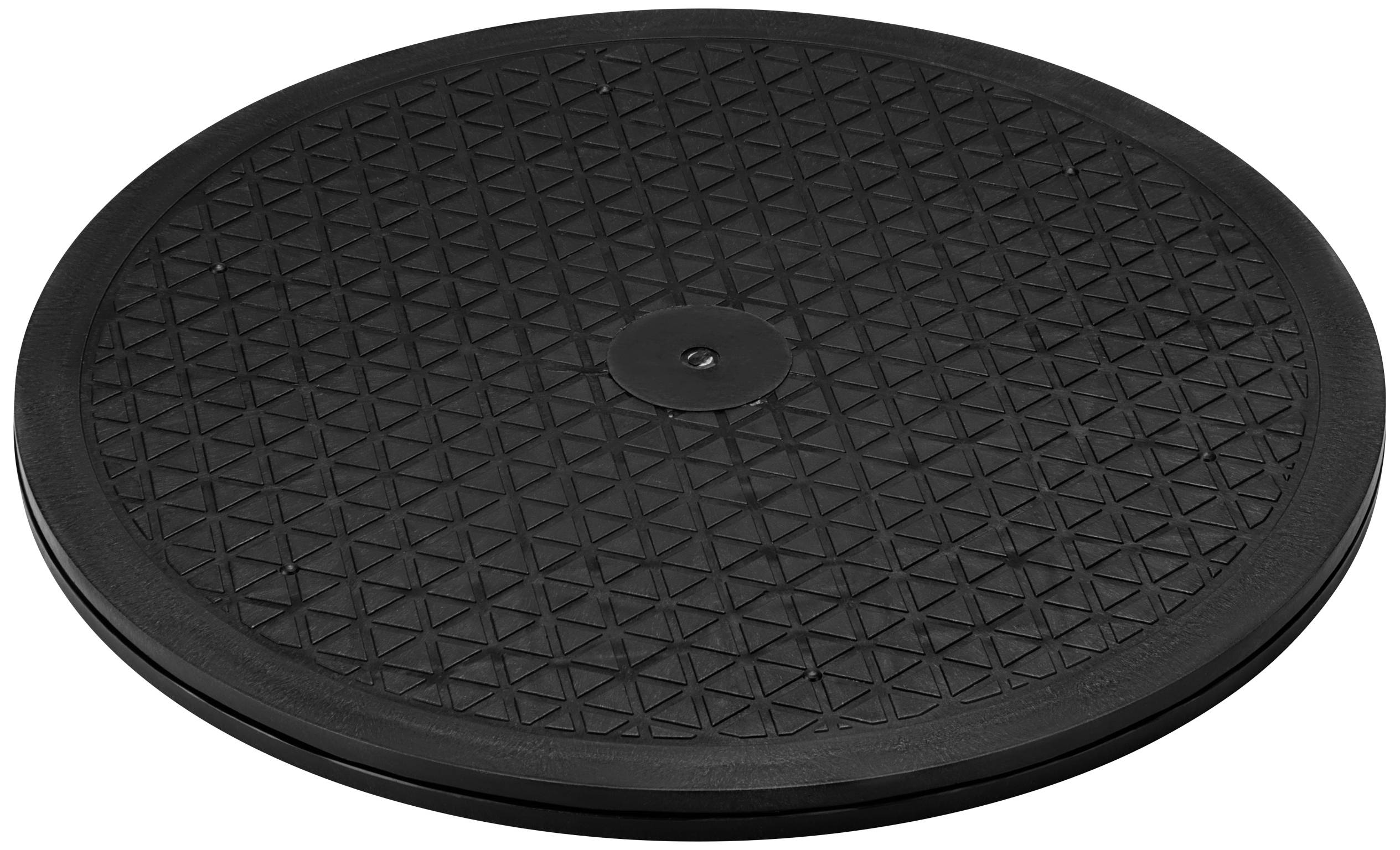 Disco rotonda, nera, strutturata con un motivo geometrico.