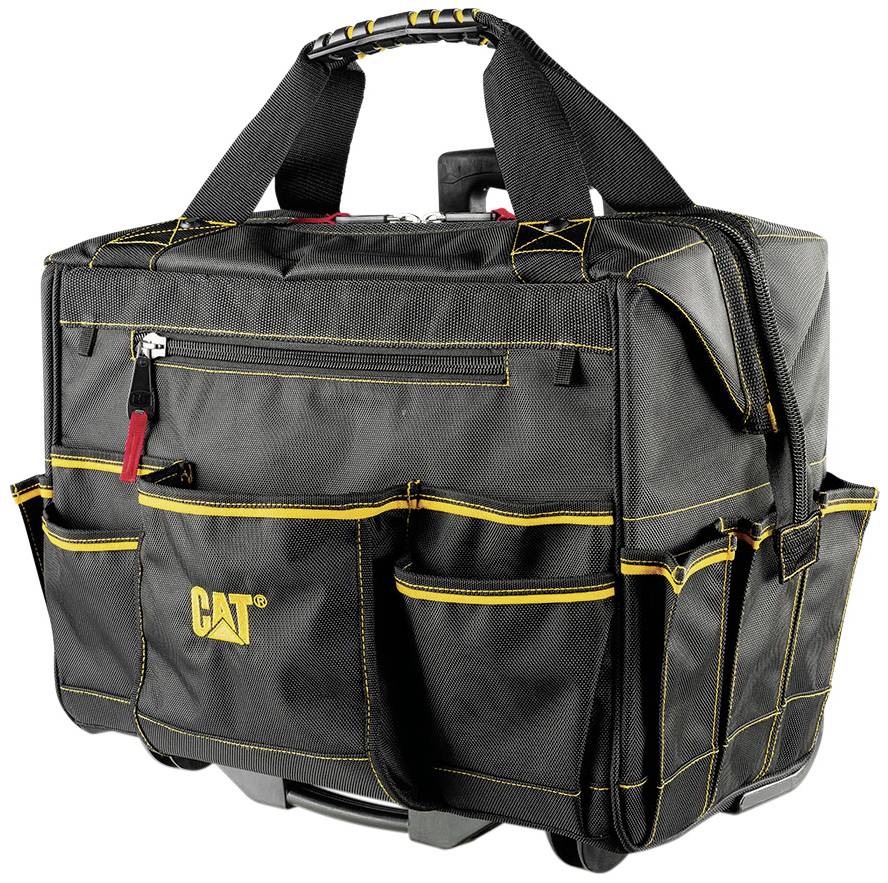 'Borsa degli attrezzi nera con logo CAT giallo e diversi tasche esterne. Manici robusti e chiusure lampo resistenti.'