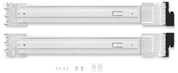 Due guide per cassetti argentate con relativi accessori di montaggio sottostanti, inclusi viti e clip, su sfondo bianco.
