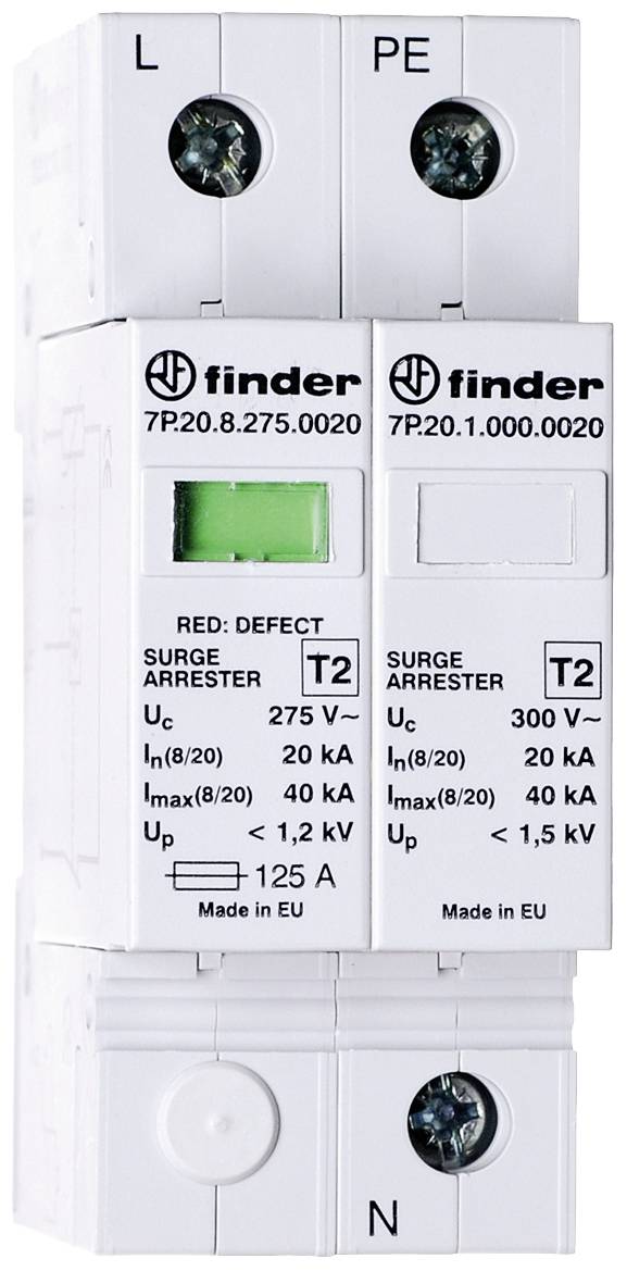 Un dispositivo di protezione da sovratensione con due moduli: a sinistra un modulo con indicatore verde, a destra un modulo con specifica tecnica.