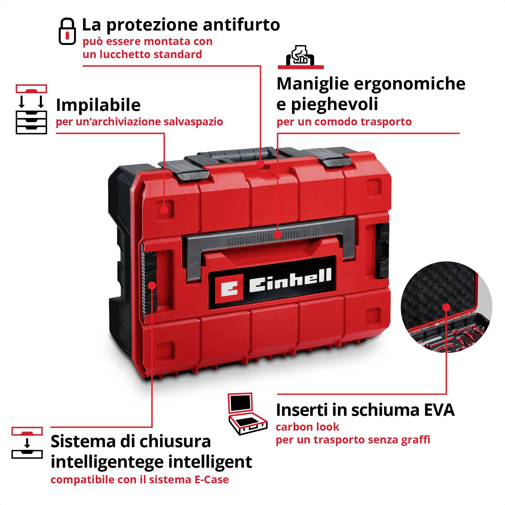 'Valigetta portautensili Einhell con protezione antifurto, manici pieghevoli, impilabile, sistema E-Case e rivestimenti interni in schiuma EVA.'