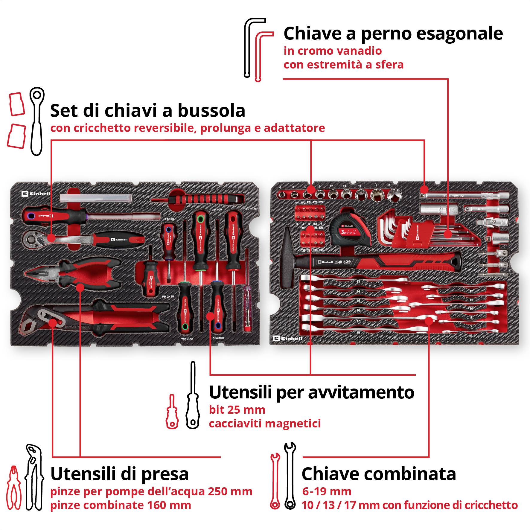 'Set di attrezzi in una valigetta: chiavi esagonali, set di chiavi a bussola, strumenti per avvitare, utensili di presa, chiavi combinate.'