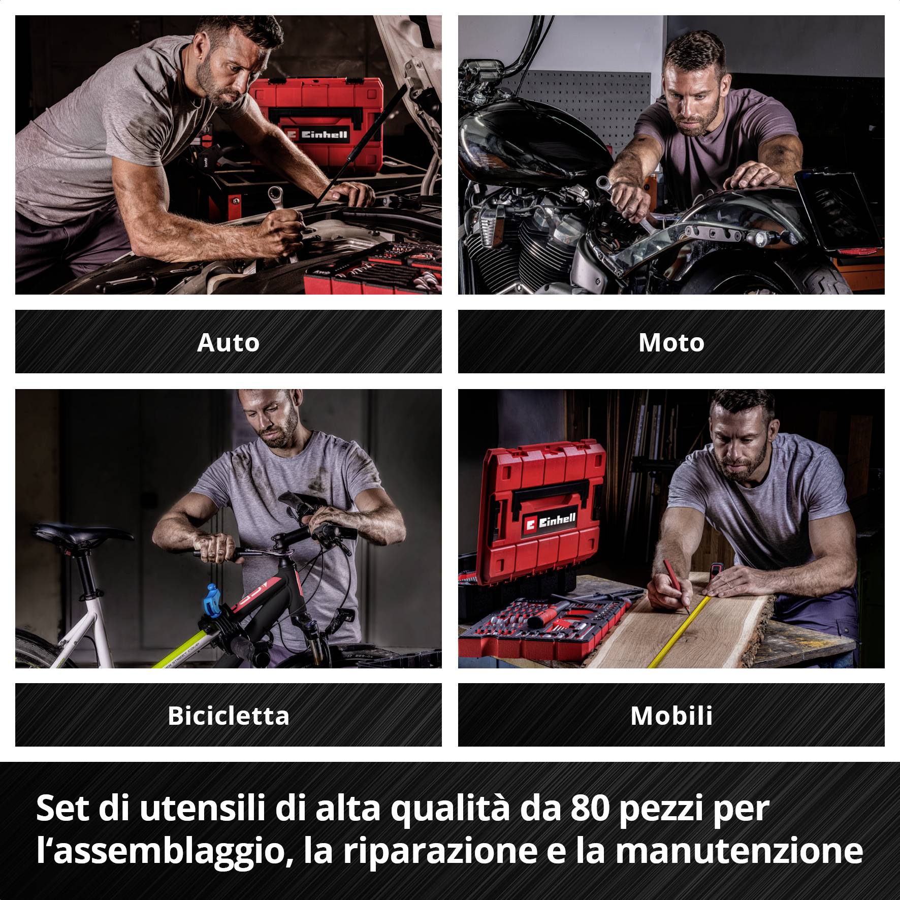 'Quattro immagini mostrano un uomo che manutiene e ripara auto, moto, bicicletta e mobili con un set di attrezzi di Einhell.'