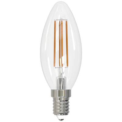 Lampadina chiara a forma di candela con filamenti LED arancioni, base argentata, vista diretta.